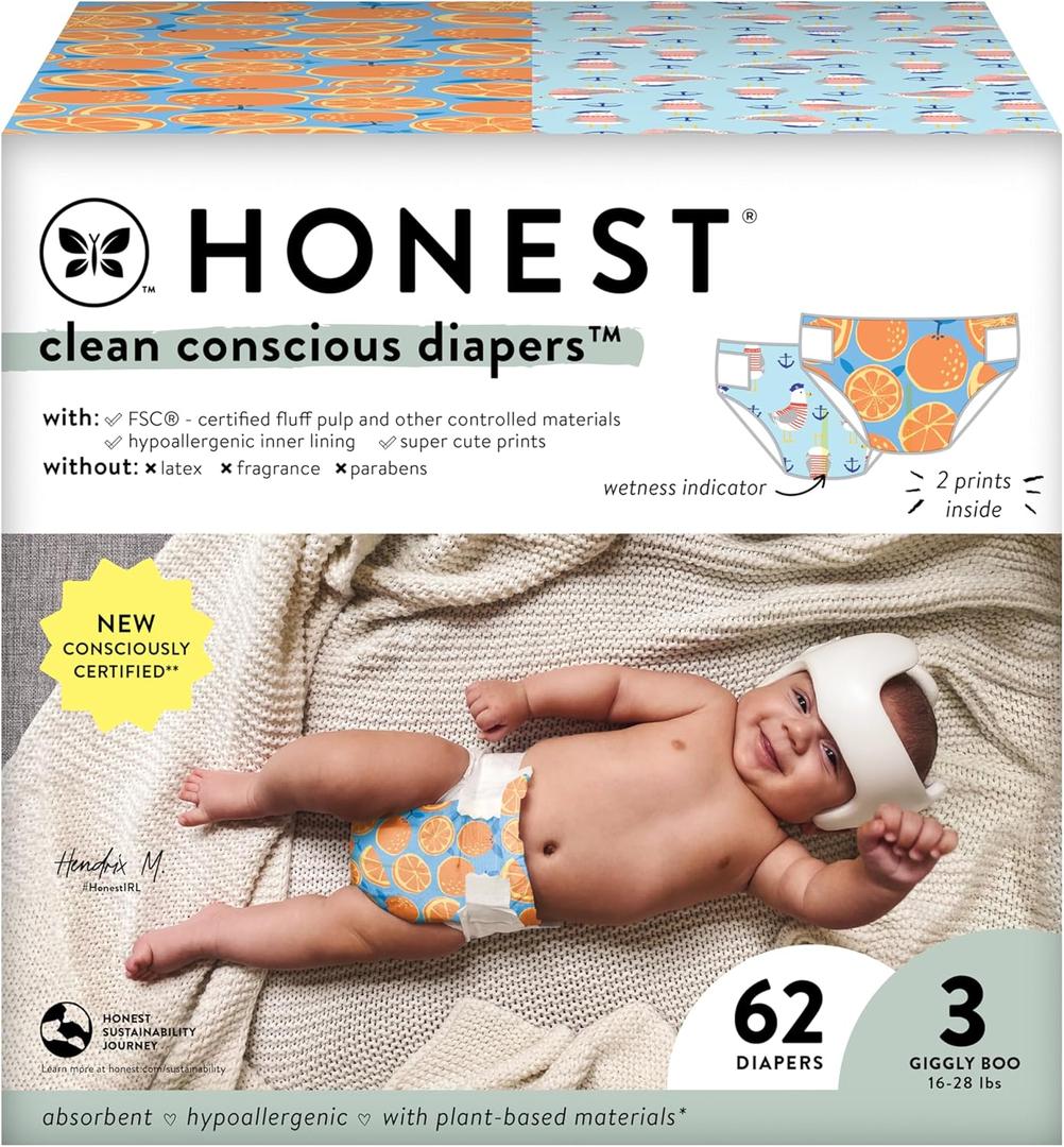 The Honest Company Clean Conscious Diapers for Sensitive Skin | Hypoallergenic, Fragrance Free | Gender Neutral Prints | Club Box, Size 3 (16-28 lbs), 62 Count (Orange You Cute + Feeling Nauti)