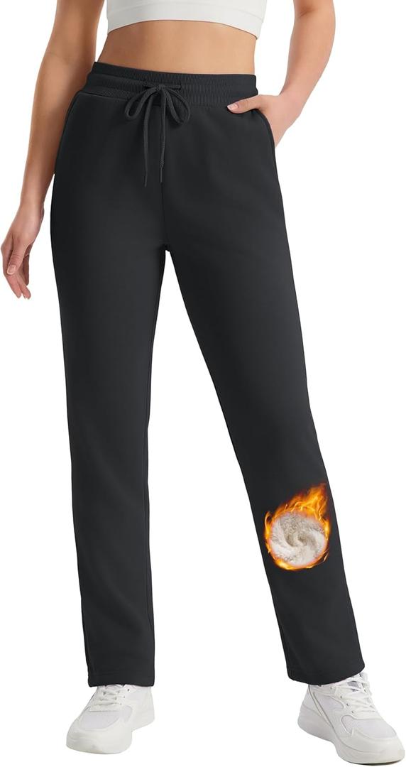 MAGCOMSEN Warm Pants for Women Sherpa Lined Sweatpants Loose Waterproof Thick Flannel Fleece Pants Straight Leg Black, S