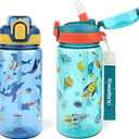 wooshwa Kids Water Bottle for School or Travel, 20 Oz 2 Pack Durable Plastic Water Bottle with Silicone Straw and Pop-Up Spout Cover, BPA Free & Dishwasher Safe(Rocket & Ocean Animals)