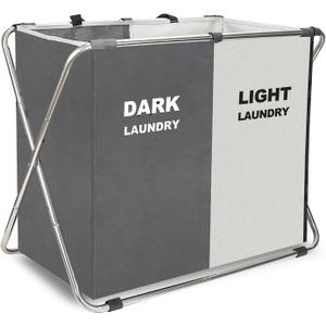 115L Laundry Hamper 2 Sections Laundry Basket Clothes Hamper Sorter storage Bin, Foldable Portable Laundry Hamper Divided Large Dirty Clothes Basket for Bathroom Bedroom Home (White+Gray)