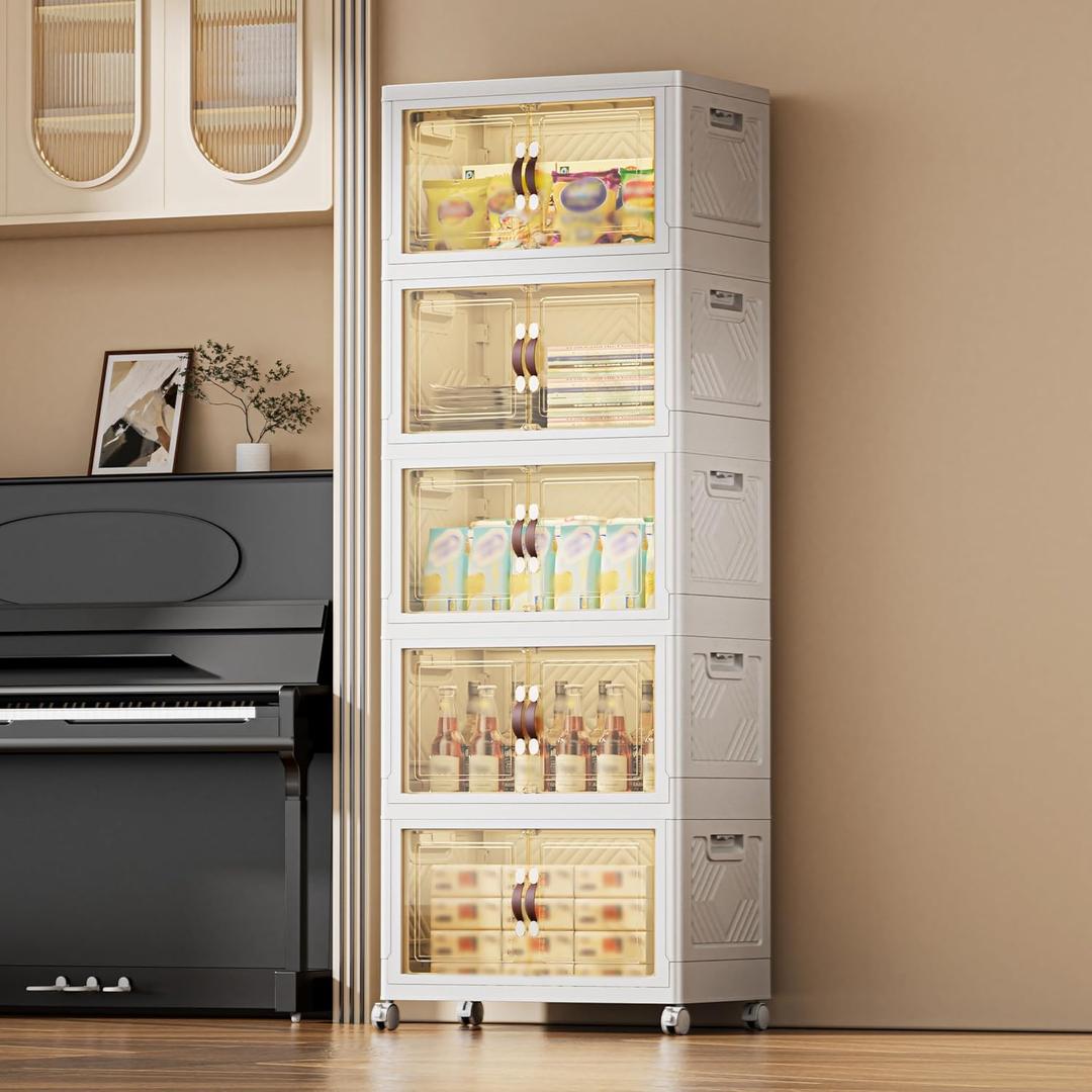 424 QT / 106 Gal Magnetic Door Storage Bins Collapsible Stackable w/1 Lid, Heavy Duty Plastic Cabinet with Wheels for Home Office Organization (White)