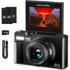 4K Digital Camera for Photography, 64MP Vlogging Camera for YouTube with 3" 180 Flip Screen, 18X Digital Zoom Point and Shoot Camara with 32GB Micro SD Card for Beginner (Black)