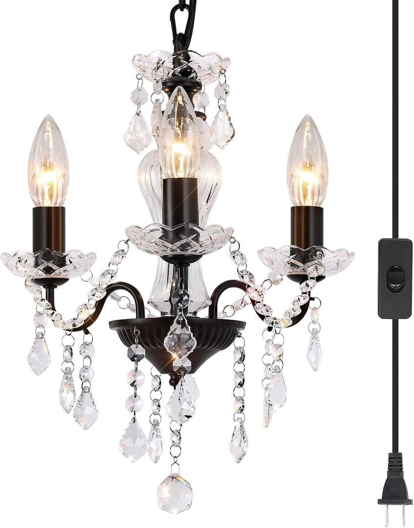 Plug in Modern 3-Light Black Chandelier with Glass Crystals, Candle Style Pendant Light Fixtures for Living Room, Girls Room, Kitchen Island, Entryway