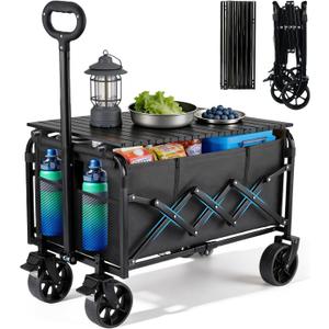 500LBS Collapsible Folding Wagon Carts with Table, 2 Brakes, 2 Cup Holders