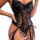 Lilosy Sexy Lace Up Floral Garter Underwire Teddy Bodysuit Lingerie Belt Women Top One Piece (Black, XL)