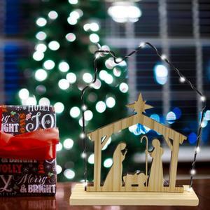 Wooden Nativity Scene Sets with LED Lights - Stable Nativity Set of Figurines Christmas Indoor Holy Family Figurines Table Sign Religious Party Mantle Fireplace Home Jesus Office Desk Decor