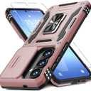 DEERLAMN Case for Samsung Galaxy A37 5G with Slide Camera Cover+Screen Protector (1 Pack), Rotated Ring Kickstand Military Grade Shockproof Protective Cover-Rose Gold