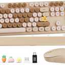 Wireless Keyboard and Mouse Combo, Round Keycaps, Full-Size Retro Typewriter Keyboard with Detachable Wrist Rest, Sleep Mode & Tilt Legs, 2.4GHz Cordless Connection for Mac/Windows/PC (Latte)