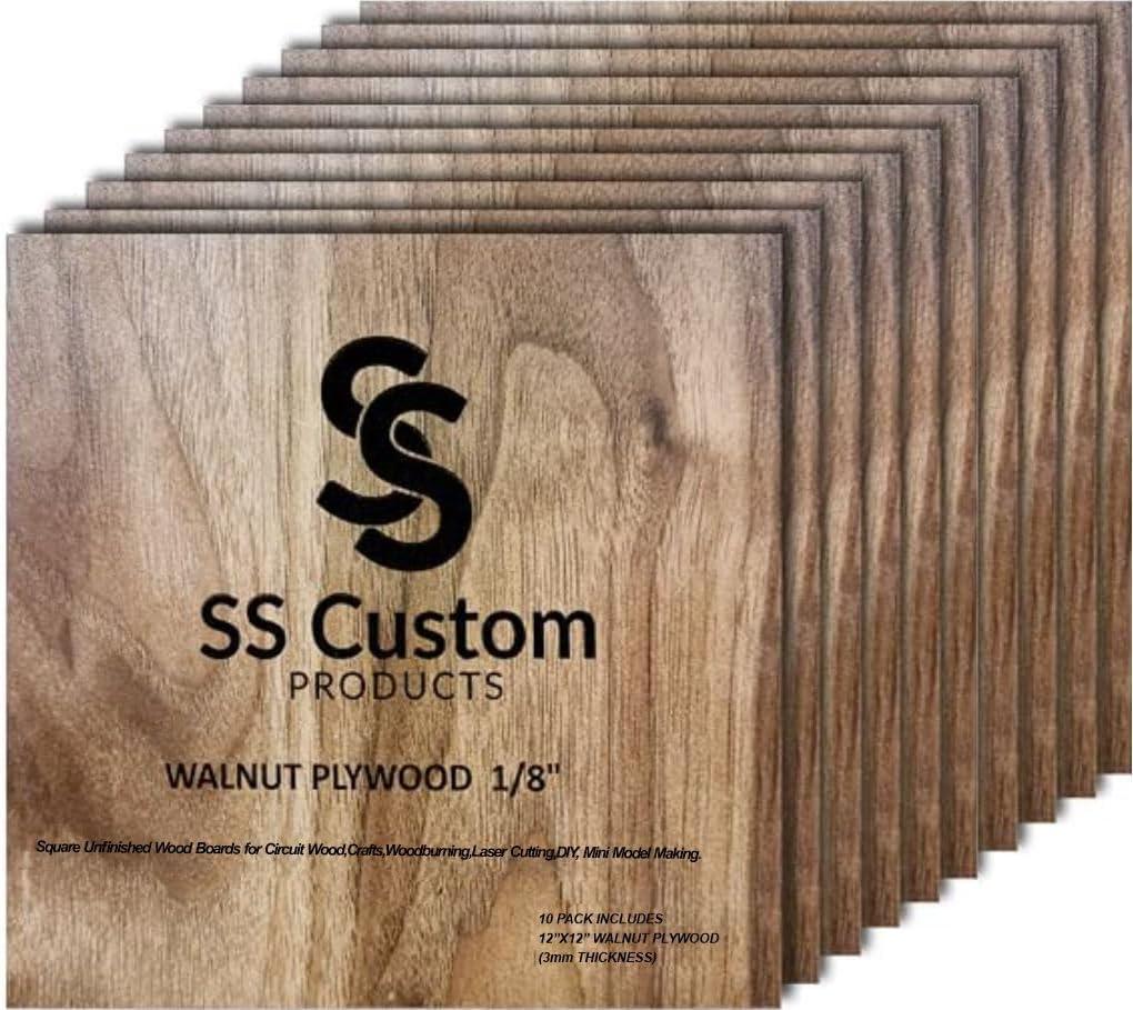Walnut Plywood Sheets for Crafts 1/8 inch, 3mm Plywood Sheets for Laser Cutting, Wood Burning, Architectural Models, Drawing - 10 Pack Walnut Wood Sheets 12 x 12 inch (SS Custom Products)