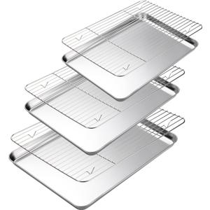 Baking Sheet with Cooling Rack Set of 6, 3 Premium Stainless Steel Cookie Sheets and 3 Wire Racks, Kitchen Nonstick Baking Pans Set Includes 3 Different Sizes, Heavy Duty Non Toxic