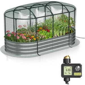 Lineware Raised Garden Bed with Sprinkler Timer and Self-Watering System, 6x3x1 ft Elevated Planter Boxes Outdoor with Mesh Cover, Galvanized Raised Beds for,Vegetables,Flowers, Backyard, Patio
