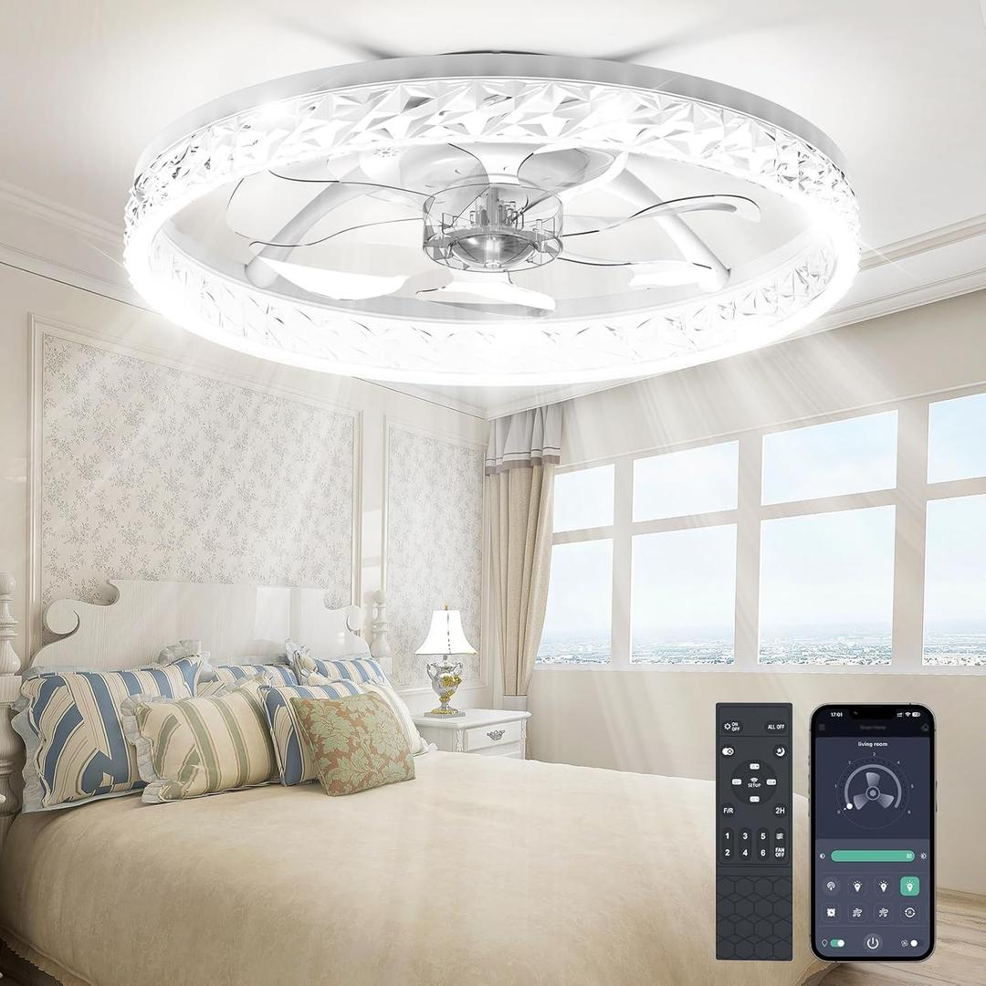 Ceiling Fans with Lights and Remote, Crystal-Edged Modern Flush Mount LED Fan Light, 6 Wind Speeds Low Profile Fandelier Ceiling Fan with Light for Bedroom, 3000-6500K Dimmable (18.6" White)