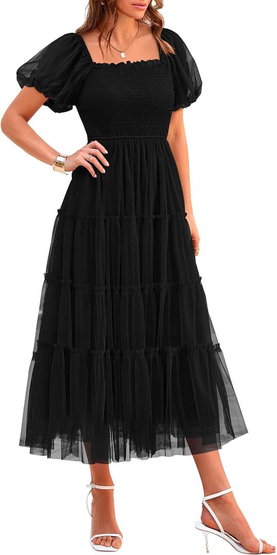 PRETTYGARDEN Women's Smocked Midi Tulle Dress 2025 Summer Puffy Short Sleeve Square Neck Ruffle Wedding Guest Party Dresses (X-Large, Black)