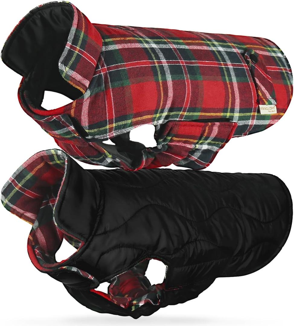 VIVAGLORY Softjoy Dog Coat, Dog Jacket for Winter & Christmas, Coat with Harness Hole, Reversible Plaid Checkered Warm Fluffy Heavy Duty for Puppy, S, Red (S: 18-24in (Chest Girth))