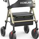 Walkers for Seniors with Seat, Foldable Rollator Walker, Reinforced Aluminum Frame, 8" Big Rubber Wheels for All Terrain, Height Adjustable Lightweight Rolling Walker (400 Pound, Champagne)