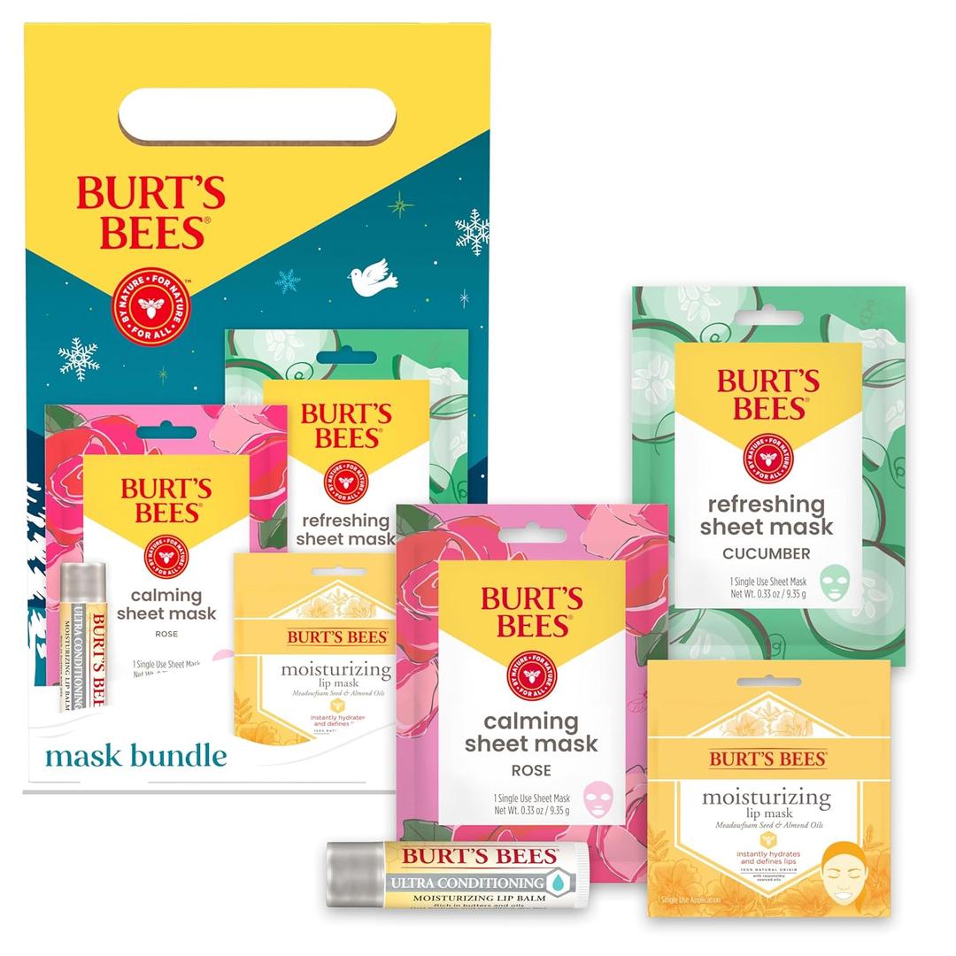 Burts Bees Mothers Day Gifts Set, Face Mask Bundle, Ultra Conditioning Lip Balm and Moisturizing Lip, Refreshing Sheet and Calming Sheet Masks, 1 Gift Set
