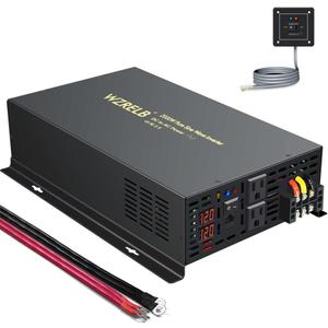 WZRELB 2000W 12VDC 120VAC Pure Sine Wave Power Inverter with 2 AC Outlets Wired Remote Control Car Inverter (RBP-200012WR)