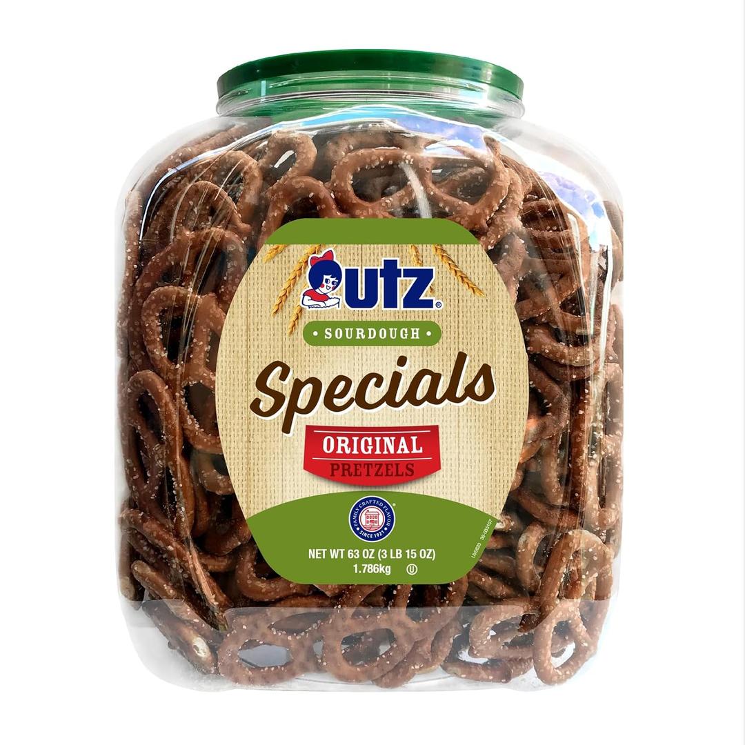 Utz Sourdough Specials Pretzels, Original, 63 oz. Barrel, Classic Pretzel Knot with Rich Sourdough Flavor, Resealable Container, Tasty Party Snack with Zero Cholesterol (EXP 04/20/26)
