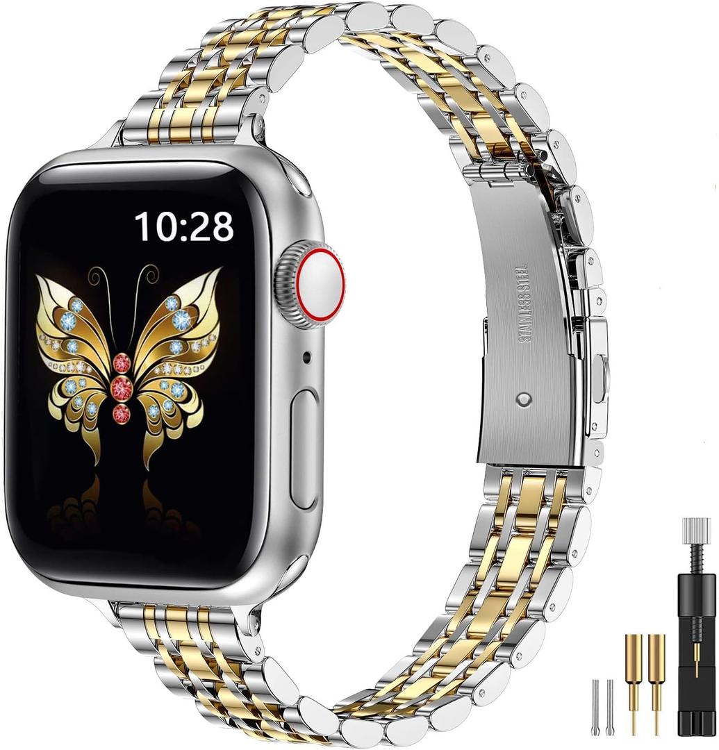 MioHHR Slim Metal Band Compatible with Apple Watch Band 42mm 41mm 40mm 38mm, Stainless Steel iWatch Bands for Women,Silver/Gold