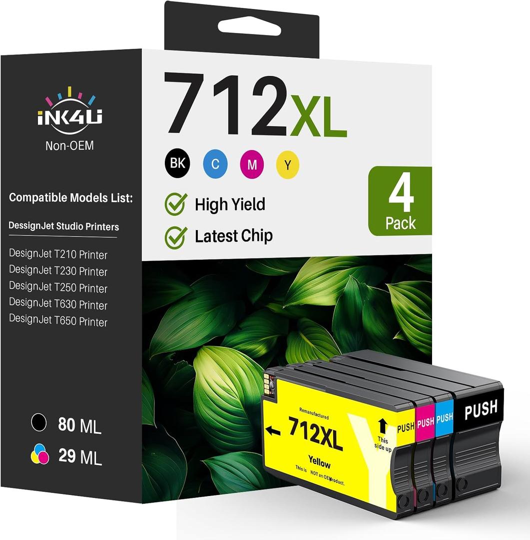 712XL 712 Ink Cartridges High Yield Replacement for 712 DesignJet Ink Cartridge 712XL 712 Black and Color for HP DesignJet T210 Ink T650 T630 T250 T230 Printer (4 Pack, 1BK/1C/1M/1Y)