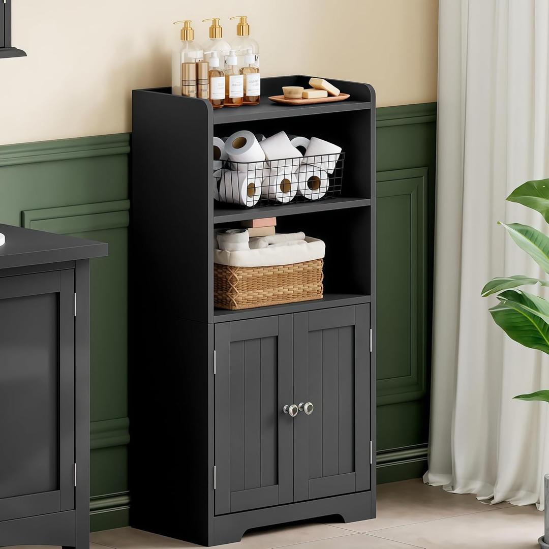 ChooChoo Small Bathroom Storage Cabinet, Narrow Toilet Paper Cabinet with 2 Door and Shelves, Freestanding Bathroom Floor Cabinet and Organizers for Small Spaces, 7.8" D * 15.7" W * 30.7" H, Black