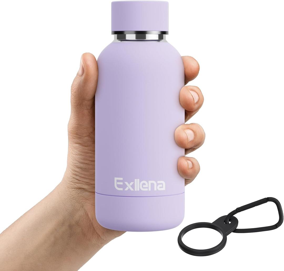 Exllena Small Water Bottle 12oz with Clip, Double Wall Stainless Steel Vacuum Small Insulated Water Bottle Keeps Drinks Cold 24 Hrs/Hot 12 Hrs for Kids Handbag School BPA Free (Purple)