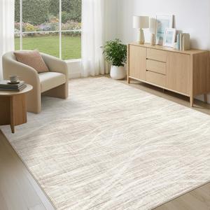 WITSHOCK Living Room Rug 6x9 Washable Area Rug Modern Abstract Rugs Non Slip Carpet for Bedroom Dining Room Nursery Kitchen Office Home Decor Stain Resistant Soft Wave Striped Neutral Rug, Beige