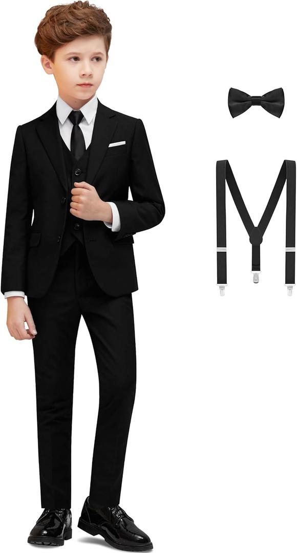 Boys Suit 5-Piece & 4-Piece Vest Set with Tie+Bowtie+Suspenders| Regular & Husky Fit (M)