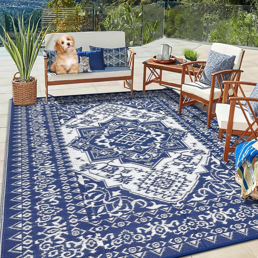 GlowSol Waterproof Outdoor Rug 10x14 Reversible Plastic Woven Straw Mat Portable Vintage Floral Design - Perfect for Camping, RVs, Patios, Backyards, Decks, Picnics, and Beach Use, Navy