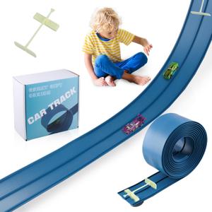 15 Ft Flexible Race Track for Kids, Hot Wheels, Matchbox Car Track,Car Launcher, Rolls Up Portable Race Track, Suction Cups Compatible, Diecast 1/50th Toy Cars, Cobalt Blue