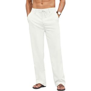 Mens Linen Pants Casual Elastic Waist Drawstring Pant with 4 Pockets