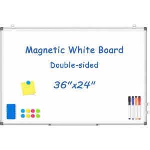 WALGLASS Magnetic White Board, 36" x 24" Double-Sides Dry Erase White Board for wall, Hanging or Mounted Whiteboard, Horizontal or Vertical, Silver Aluminium Frame, Home, School, Office, Kitchen (White 1-pack)
