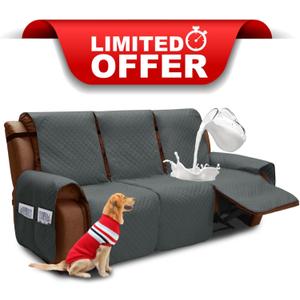 XINEAGE Water Resistant Recliner Cover, 3 seat Recliner Sofa Covers with Pockets, Quilted Thick Recliner Protector Cover for Dog Pets with Non Slip Backing and Strap (Recliner Sofa, Dark Gray)