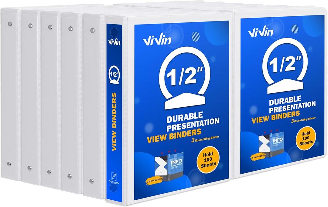 3 Ring Binder 1/2 Inch, ViVin Sturdy 0.5"-Round Ring Binder with 2 Interior Pockets, Clear View Cover, PVC-Free, Fits 100 Sheets of 8.5'' x 11'' Paper, Office Home School (Pack of 12, White)