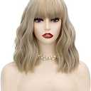 TSNOMORE 14 inches Mix Blonde Wigs for Women, Short Curly Wavy Wig with Bangs, Looking Natural Heat Resistant Fiber Hair Wig (Mix Blonde-With Bangs)