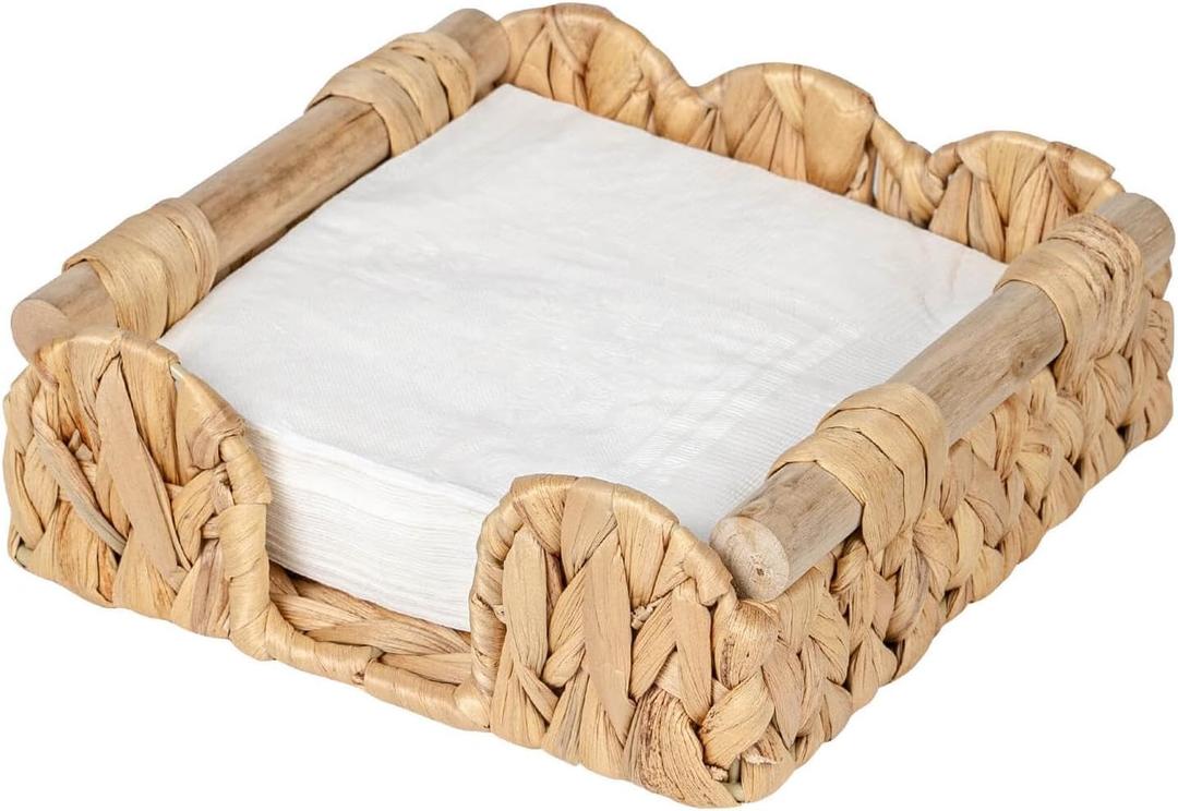 Kriitools Rattan Wicker Luncheon Napkin Holder Flat 7.5x7.5, Scalloped Napkin Dispenser Guest Towel Holder for Bathroom, Kitchen, Dining, Bar Beverage Accessories and for Home Farmhouse&Rustic Decor