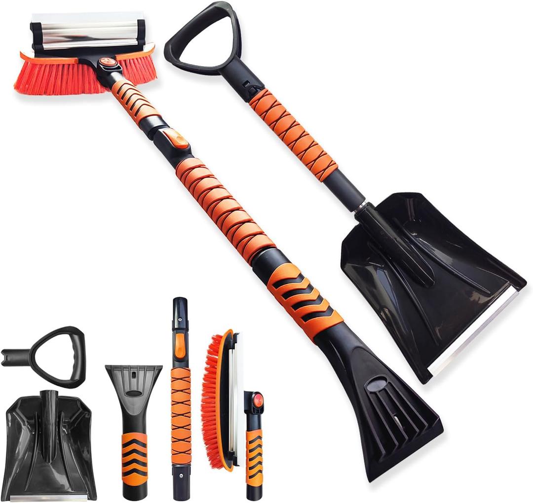 AMADAW 45" Extendable Snow Brush and Ice Scrapers for Car Windshield [360° Rotating Snow Brush Head] MilitaryGrade Sturdy Ice Scraper for Sedans, SUVs and Trucks Easy Storage Orange