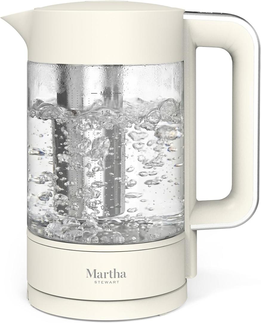 Martha Stewart Electric Kettle with Removable Stainless Steel Tea Infuser, Glass Carafe1.7L (7 Cups), Hot Water Boiler, 4 Presets, Keep Warm & Auto Shut-Off, Cordless 360 Swivel Base, Linen White