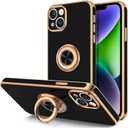 Hython for iPhone 14 Plus Case with Ring Stand [360 Rotatable Ring Holder Magnetic Kickstand] [Support Car Mount] Plated Gold Edge Soft TPU Luxury Shockproof Protective Phone Case Cover, Black