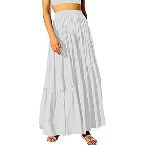 ANRABESS Women’s Boho Elastic High Waist Pleated A-Line Flowy Swing Asymmetric Tiered Maxi Long Skirt Dress with Pockets L