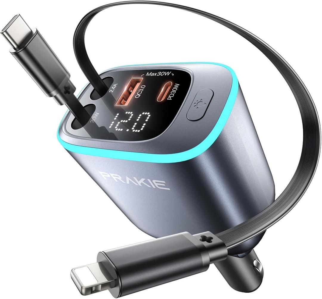 iPhone Car Charger, Retractable Fast USB C Phone Charger, 4 in 1 Cigarette Lighter Adapter with 2 Cables 25 Inch and 2 USB Ports, Multi Port USB Car Charging for iPhone 17/16/15/14/13/Pro Max (Grey)