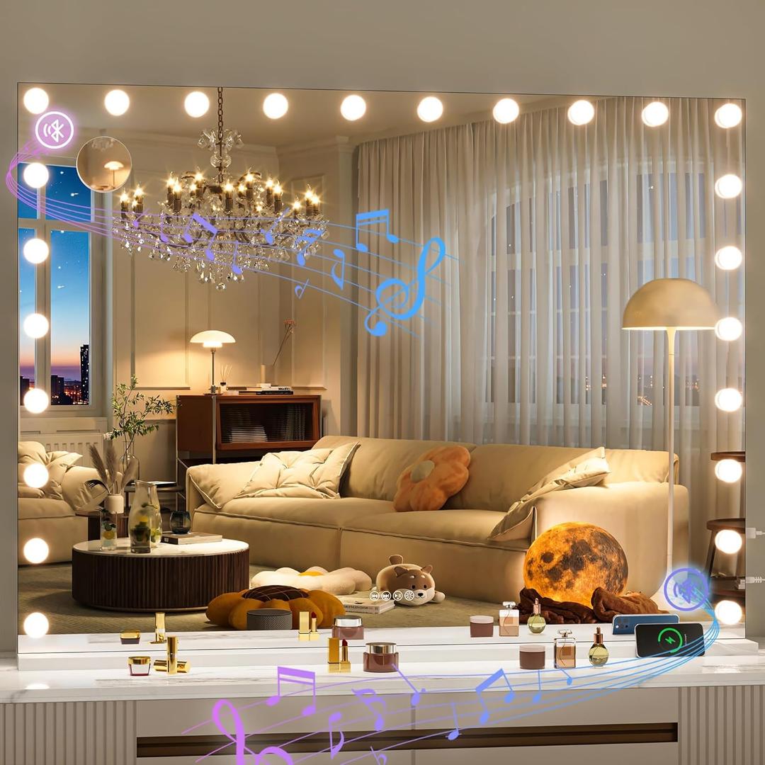 Hasipu Hollywood Vanity Mirror with Lights and Bluetooth Speaker, 47" x 35" Makeup Mirror with 24 Dimmable LED Bulbs 3 Color Modes, 5X Magnifying Glass, Touch Control, USB and Type-C, Tempered Glass