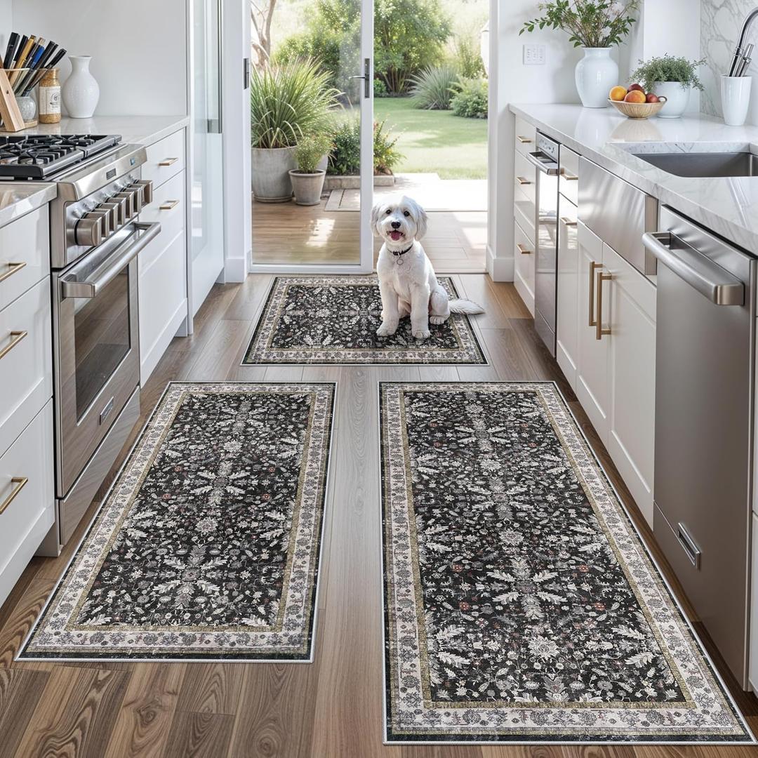 3-Piece Washable Kitchen Rug Set of 3 with Runner  Non-Slip Boho Kitchen Mats for Hardwood Floor, Sink & Entryway & Bathroom, Home Decor (Black,2x3+2x4+2x5)