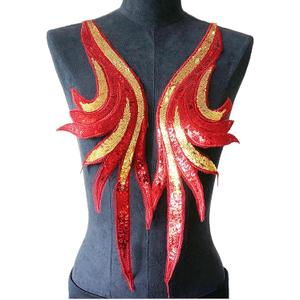 2 Pcs Royal Blue Gold Sequin Lace Fabric Embroidered Gown Appliques Noble Sexy Collar Sew Patches for DIY Wedding Dress Dcor (red)