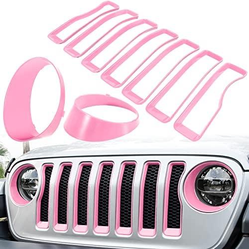 Front Grille Mesh Inserts & Headlight Cover for Jeep Wrangler JL JLU Unlimited Sport & Sport S 2018-2023 Exterior Accessories Clip-in Grille Guard Cover Headlight Bezels Trim Ring (Pink 9PCS)