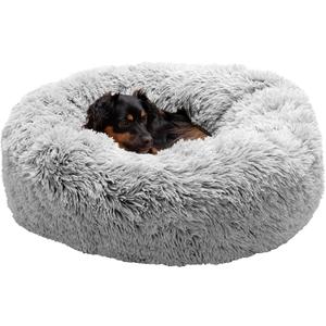 Furhaven 30" Round Calming Donut Dog Bed for Medium/Small Dogs, Refillable w/ Removable Washable Cover, Up to 45 lbs - Shaggy Plush Long Faux Fur Donut Bed -Mist Gray, Medium,30.0"L x 30.0"W x 10.0"Th