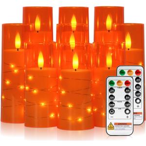 Raycare Flameless Candle with Remote Timer  9 Flickering Acrylic Battery Operated LED Pillar Candles with Embedded Star String for Halloween, Home Decor, and as a Gift (Orange)