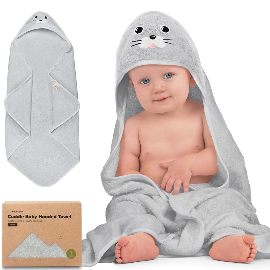 KeaBabies Hooded Baby Towel for Newborn - Viscose Derived from Bamboo Large Baby Bath Towels with Hood for Boys, Girls, Toddler, Extra Absorbent & Soft Newborn Bath Essentials (Seal) (Regular 35x35)