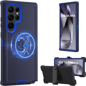 Magnetic Case for Galaxy S22 Ultra 5G case,Samsung S22 Ultra Heavy Duty case,[Military Grade Protective ],[Shockproof] [Dropproof] [Dust-Proof], (with Belt Clip,Dark Blue-MAG)