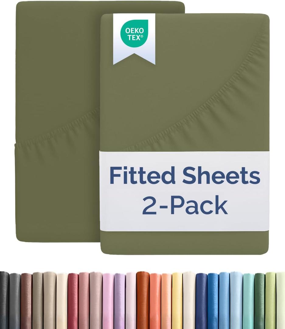 Twin XL Size Fitted Bed Sheet - Pack of 2 Single Fitted Bottom Sheet Only - Fits Mattress Up to 16" Deep Pockets - Extra Soft, Breathable & Cooling - Hotel Quality, Fade and Wrinkle Free - Sage Green